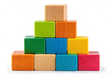 Colorful wooden blocks pyramid, studio shot, white background, educational toy