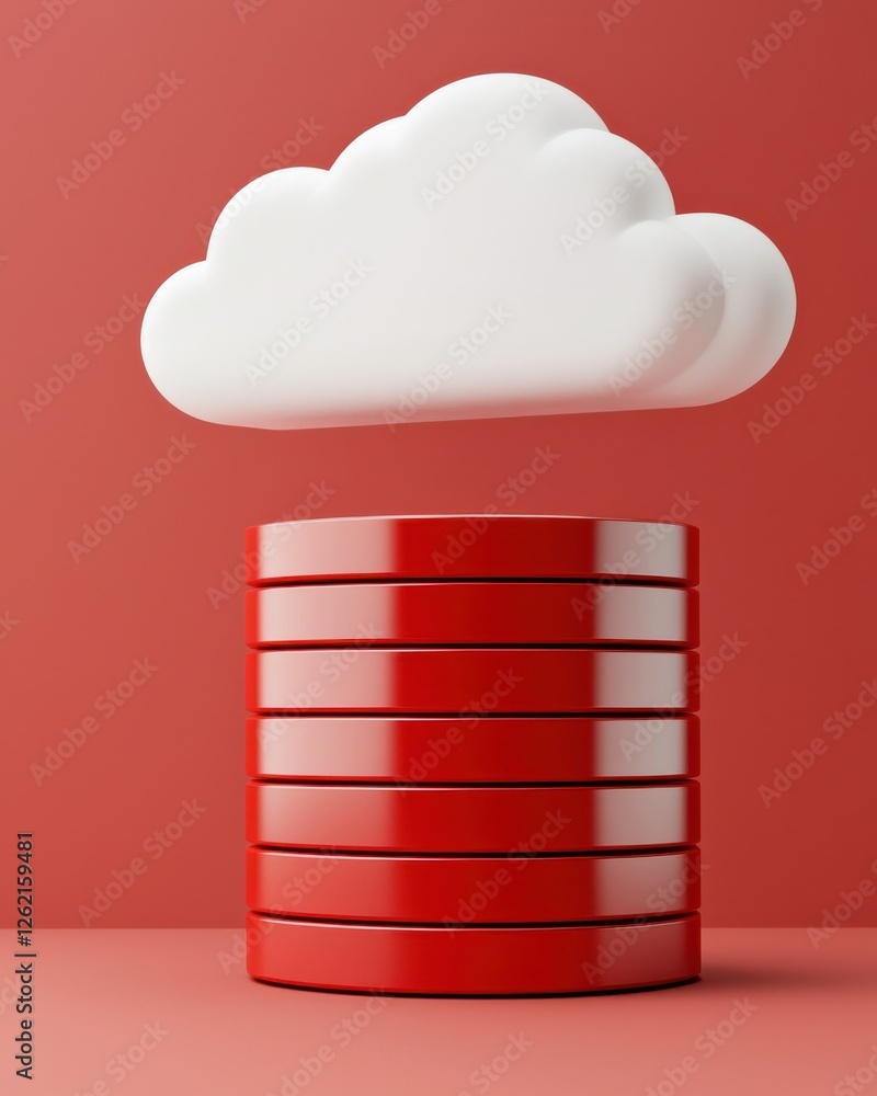 Poster a stylized cloud hovers above a stack of red cylinders, representing cloud storage and data manageme