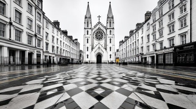 Fototapeta Checkerboard Pavement In Front Of Church In City