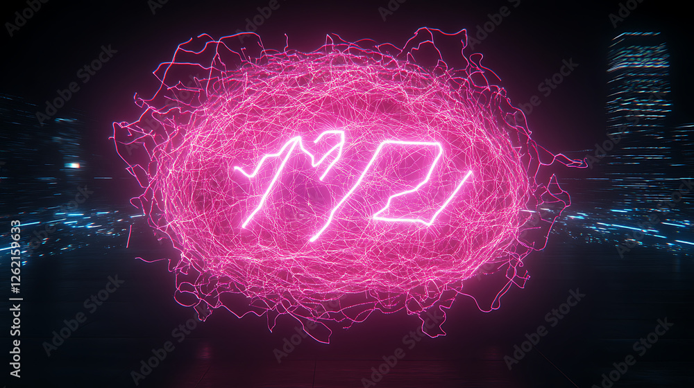 Aufkleber neon orb cityscape display with techno vibe featuring geometric shapes in a futuristic setting