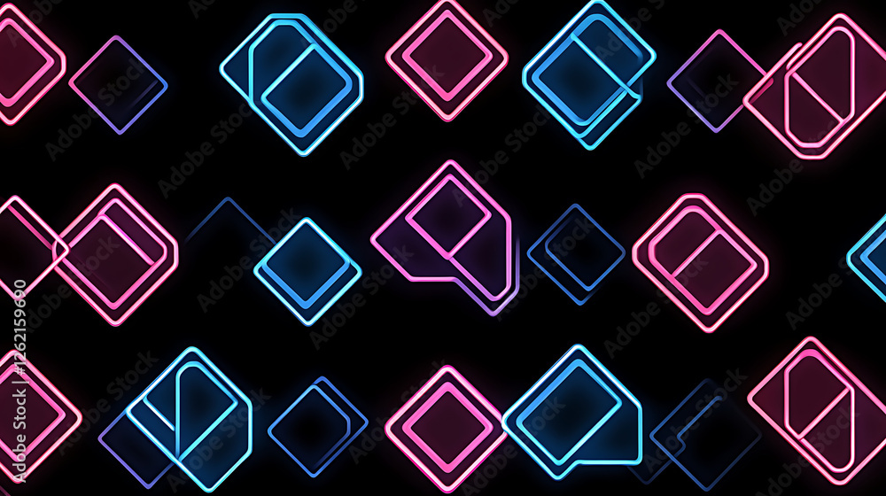 Poster neon outlines glowing squares pattern playful futuristic design on black backdrop abstract visual