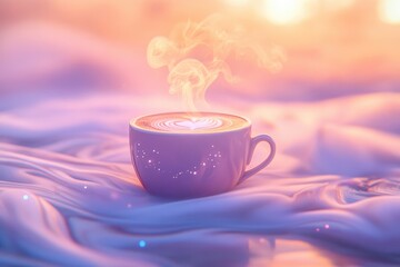 Fototapeta premium Magical sunrise with a steaming cup of coffee on a dreamy cloud-like surface