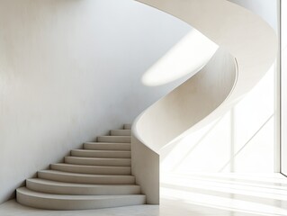 Minimalist architecture featuring a sculptural spiral staircase in white