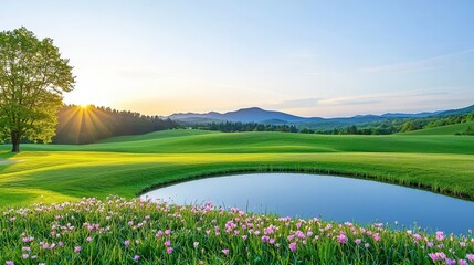 Naklejka premium Serene Sunrise Over Rolling Green Hills and Pond