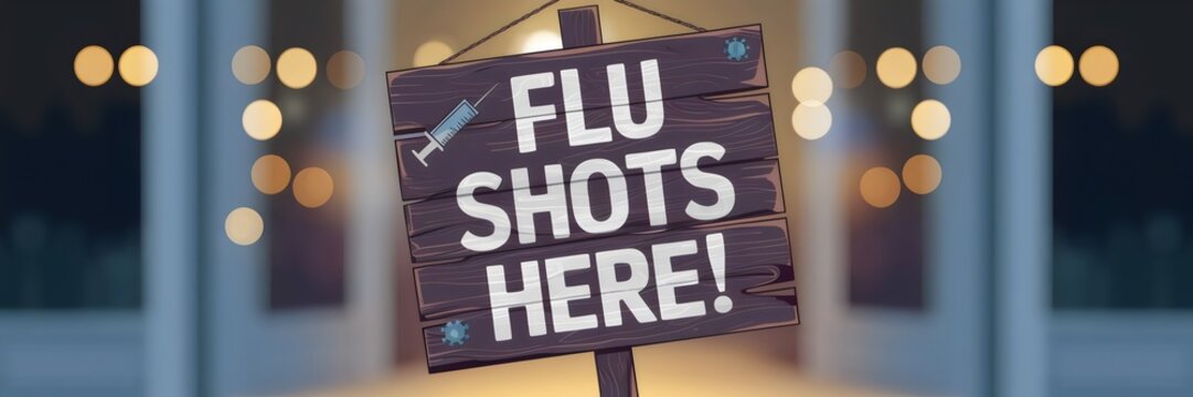 Illustration of wooden sign with syringe icon and "Flu Shots Here!" text