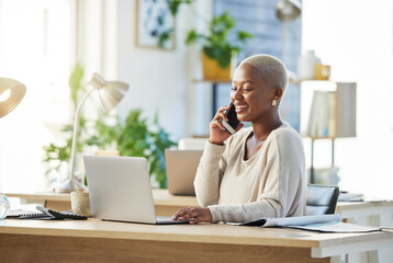Business, phone call and black woman in office, laptop and planning for startup, smile and talking....