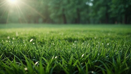 Sunlight glimmers on dew-covered grass, creating a fresh and tranquil outdoor scene