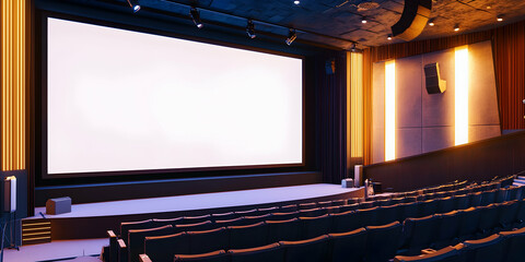 Blank screen mockup on a freestanding panel inside a contemporary theater.