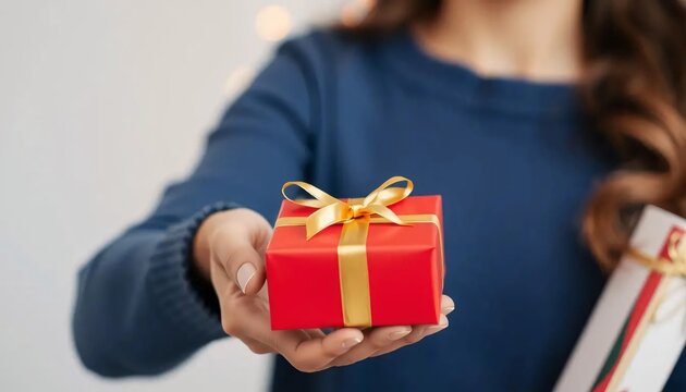 young woman with a Small Red Gift Box with a Gold Ribbon