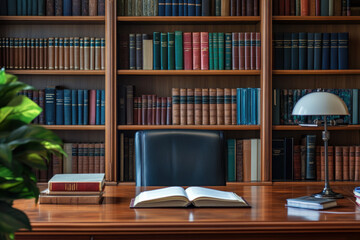 Elegant home office with wooden furniture, bookshelves filled with colorful books, a classic desk lamp, and an open book on the polished wooden desk.