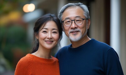 Portrait Asian middle aged couple in urban city, Generative AI