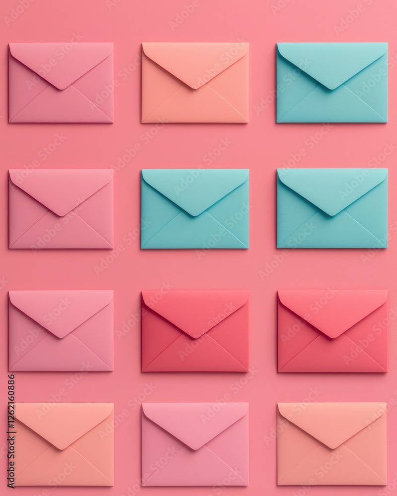Poster colorful envelopes arranged in a grid on a pink background, creating a vibrant and playful aesthetic