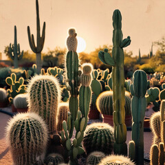 A cactus garden with grainy gradients in sandy beige and green
