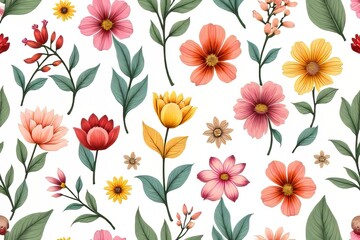 Beautiful Floral Seamless Pattern with Various Flowers and Leaves