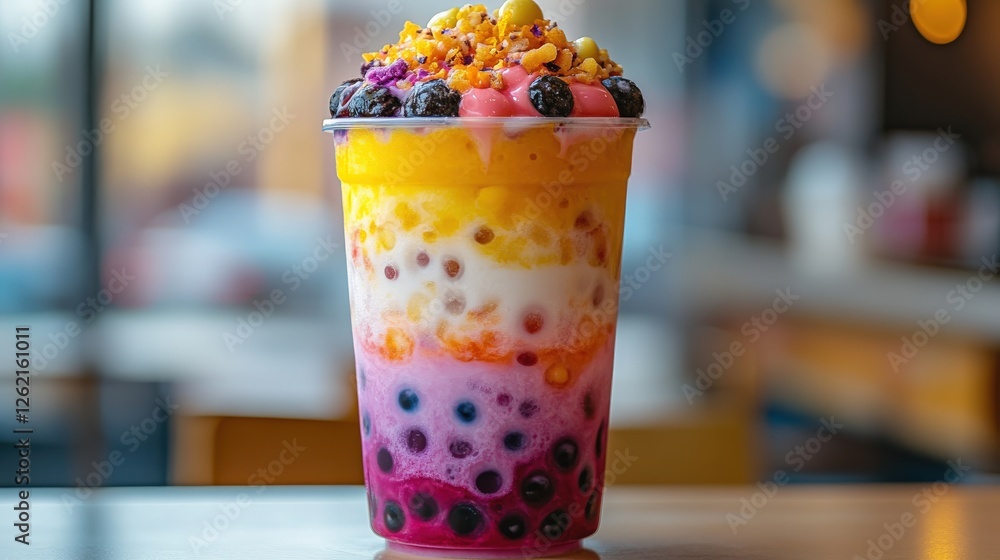 Poster refreshing and colorful layered fruit smoothie with toppings in a clear cup on a table