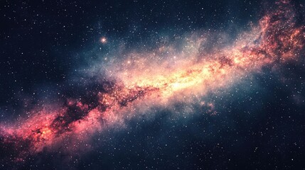 Fototapeta premium Alien landscape with a dramatic galactic horizon. Barren terrain under a glowing cosmic sky filled with stars and nebulae. Generative AI.