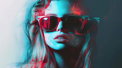 Chromatic aberration portrait of a young woman with trendy sunglasses