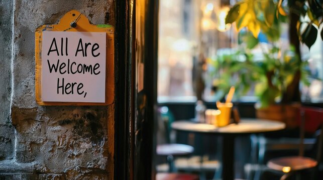 Welcome sign at the entrance of an office space promoting inclusivity. Blurred background with warm lighting creates a friendly atmosphere. Generative AI.