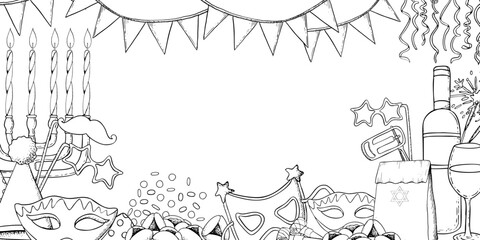 Obraz premium Jewish Purim symbols horizontal banner template with copy space black and white vector illustration frame in line style. Israel holiday menorah, Torah scroll with mask, raashan, cookies for coloring