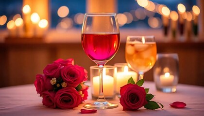 Romantic Valentine's Day Dinner with Candles and Roses