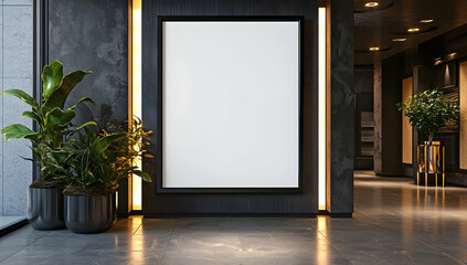 Blank movie poster displayed in a lighted frame within a modern cinema hallway.