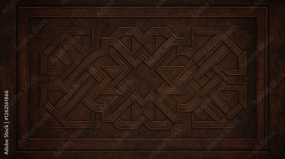 Aufkleber ornate woodwork design with intricate geometric carvings and rich brown tones in a rectangular frame