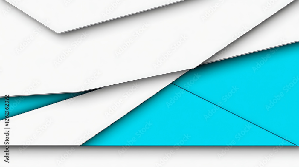 Poster overlapping white geometric shapes with turquoise layer abstract graphic design background