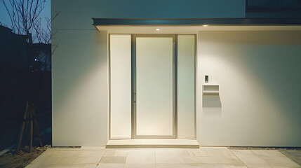 Frosted glass door with slim metal frame, white front wall under night lighting.
