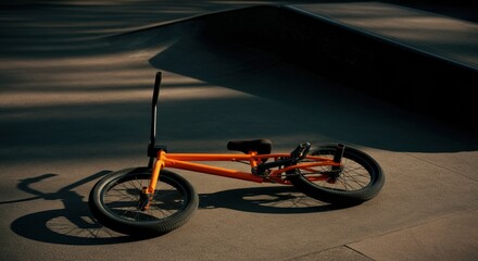 Orange BMX bike resting on a skatepark surface in soft light