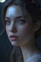 Naklejka premium Enchanting gaze under a moonlit sky as a serene beauty captivates with her luminous features and delicate expression in a tranquil, dreamy atmosphere