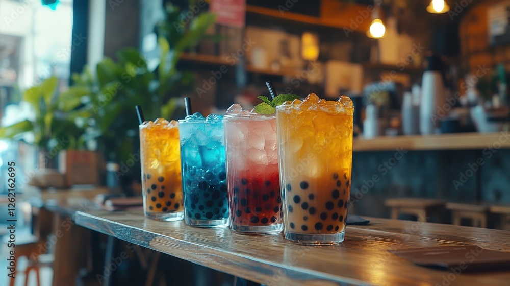 Poster colorful assortment of refreshing beverages with tapioca pearls on a bar counter in a cafe