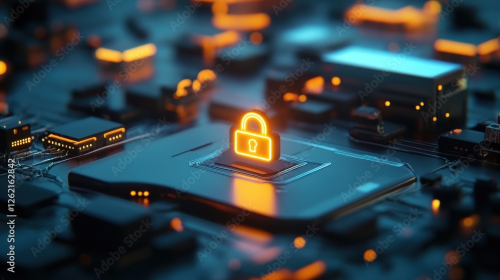 Poster digital lock icon on circuit board background for cybersecurity concept
