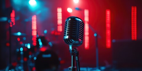 A vintage microphone takes center stage bathed in colored lights