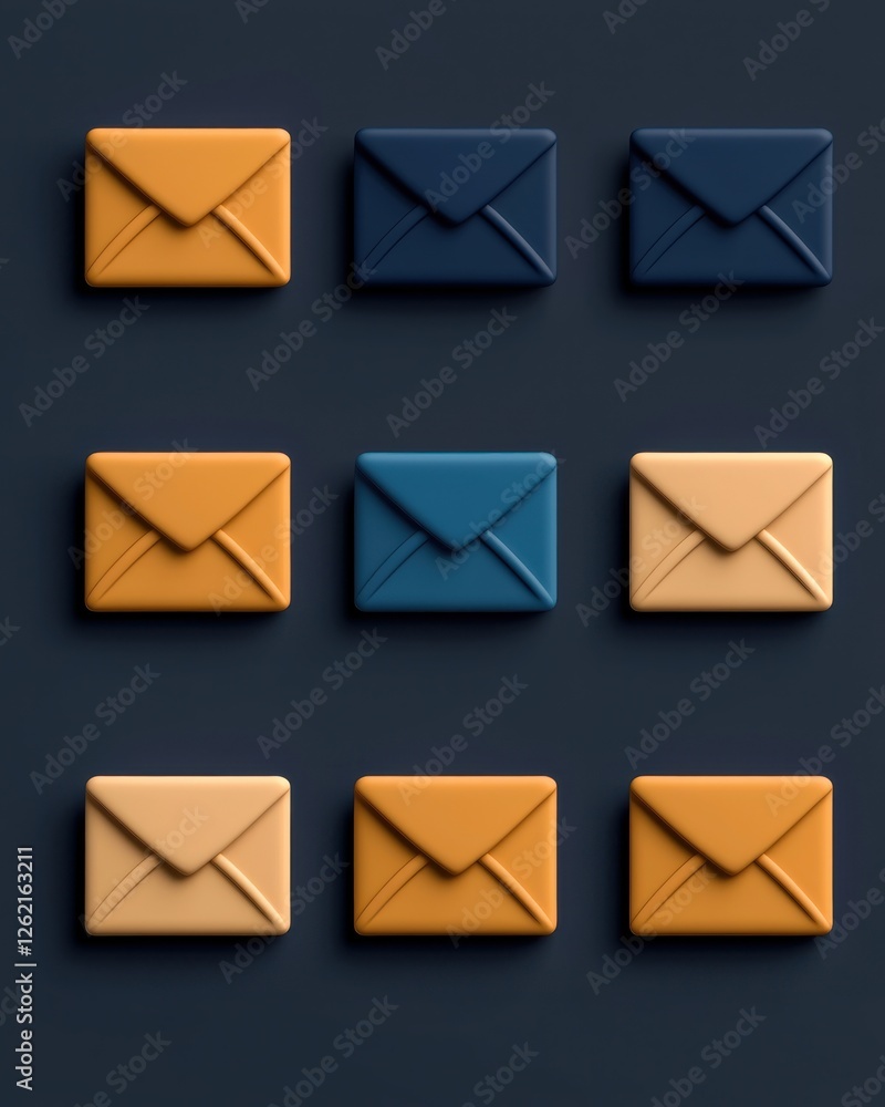 Poster a flat lay of colorful envelope icons arranged in a grid pattern, showcasing various shades of blue,