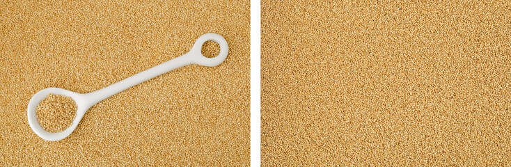 Amaranth grain seeds in ceramic spoon as a background. Top view. Flat lay