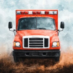 Obraz premium A vibrant red ambulance stands ready, its emergency lights flashing, set against a dramatic, cloudy background.