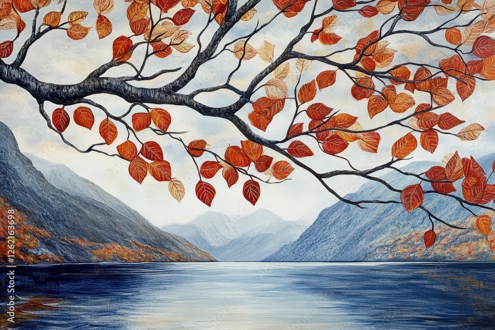 Poster branches adorned with vibrant autumn leaves overlooking a tranquil lake in soft light, branches and 