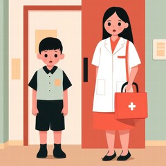 Obraz premium A young boy stands nervously in a hallway with a medical professional, who holds a doctor's bag, indicating a visit to a healthcare setting.