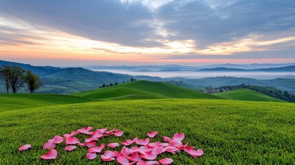 Fototapeta premium Rolling Hills Sunrise Landscape with Pink Petals