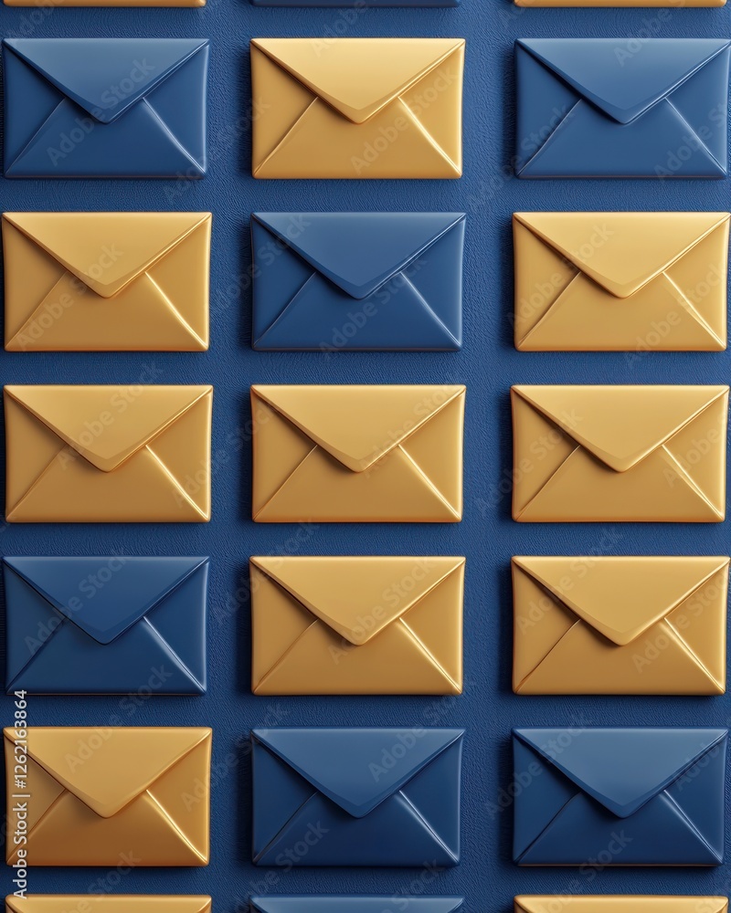 Poster colorful arrangement of envelopes on a textured surface, featuring alternating blue and yellow desig