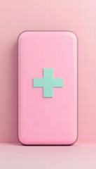 Fototapeta premium A sleek, pink first aid kit with a mint green cross, set against a matching pink background, emphasizing a modern and stylish health theme.