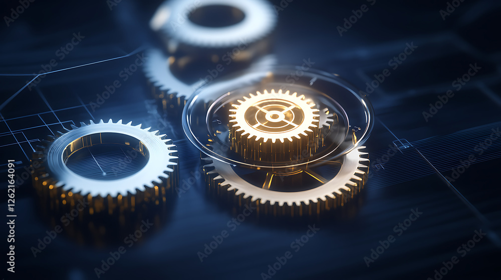 Poster precision engineering gear mechanism abstract technological innovation conceptual framework graphics