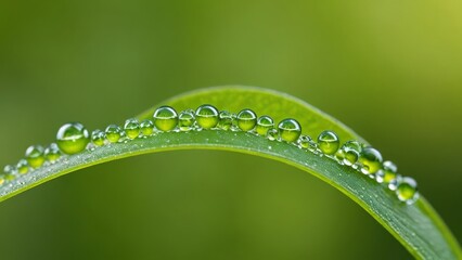 Close-up of water droplets on a green leaf, showcasing nature's beauty and freshness