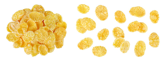Cornflakes isolated on white background. Top view. Flat lay.