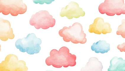 Fototapeta premium Watercolor Clouds: Pastel Sky, Dreamy Cloudscape, Soft Hues, Fluffy Clouds, Colorful Design, Whimsical Art, Gentle Breeze, Cloud Texture, Artistic Clouds, Serene Atmosphere.