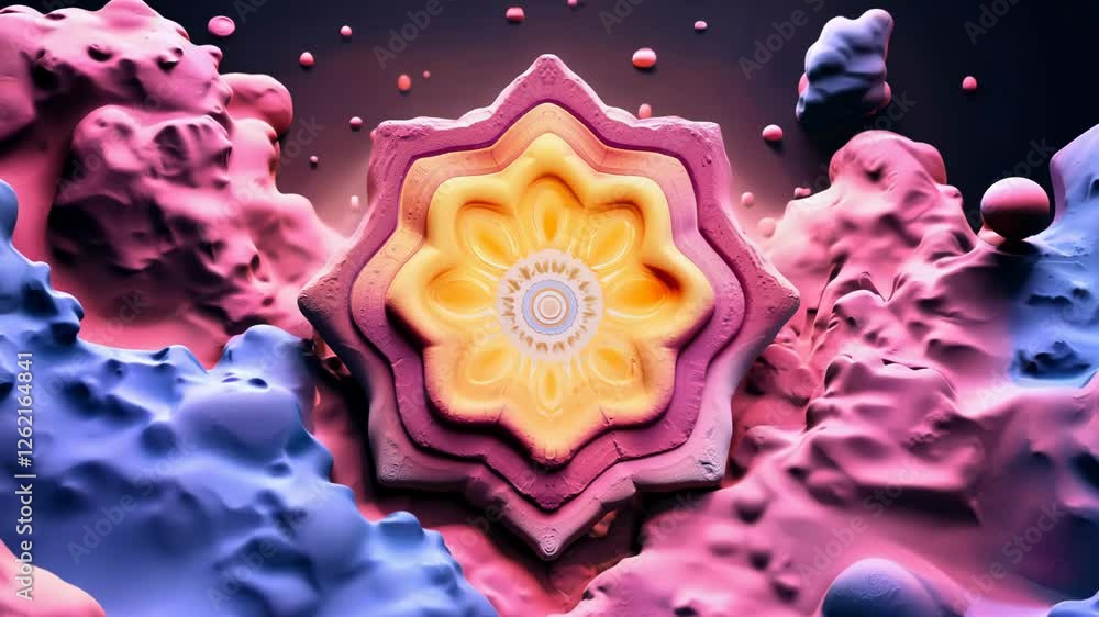 Poster a colorful flower with a yellow center is surrounded by clouds. the clouds are blue and purple