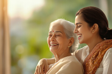 indian female home care worker with old woman