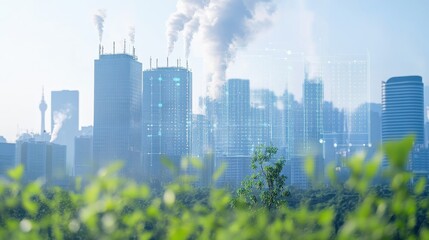 Urban Skyline with Pollution and Greenery in Industrial Landscape