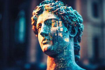 Ancient marble statue with a futuristic digital overlay, merging classical art with modern technology, symbolizing past and future innovation