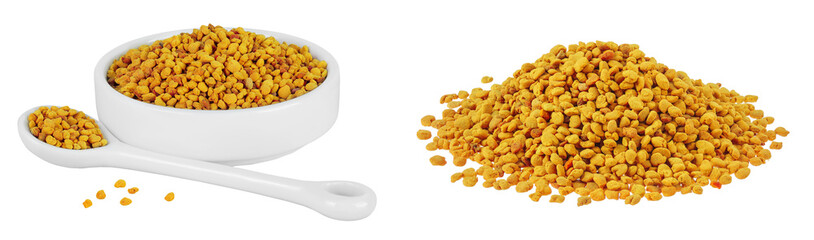 Bee pollen grains in ceramic bowl and spoon isolated on white background